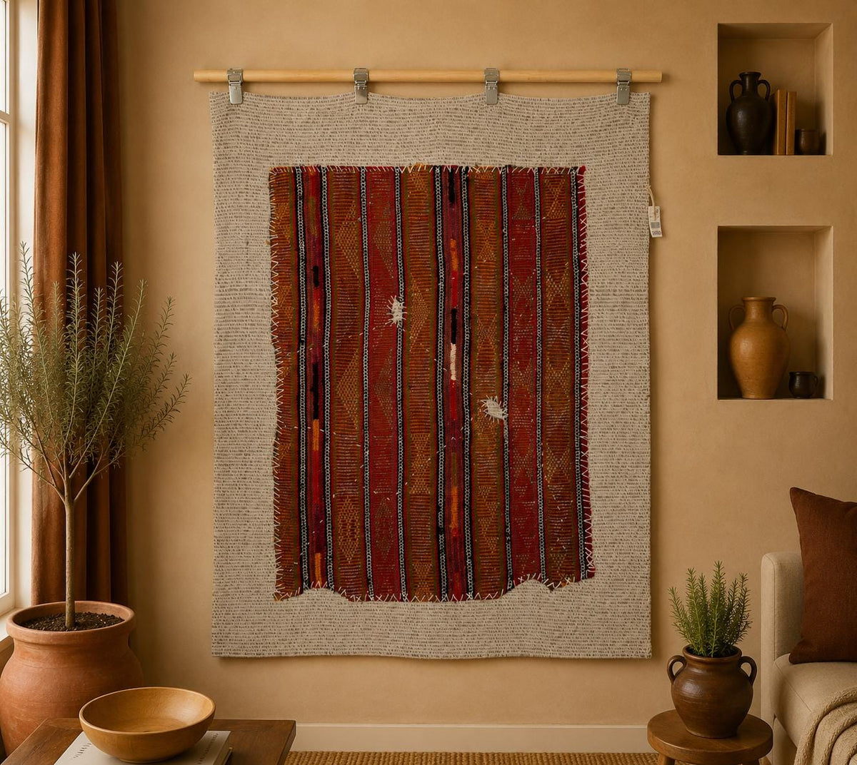 Vintage Turkish Tapestry Rug, Red Orange Striped Wall Hanging (3'6" x 4'1") - photo 1 of 10