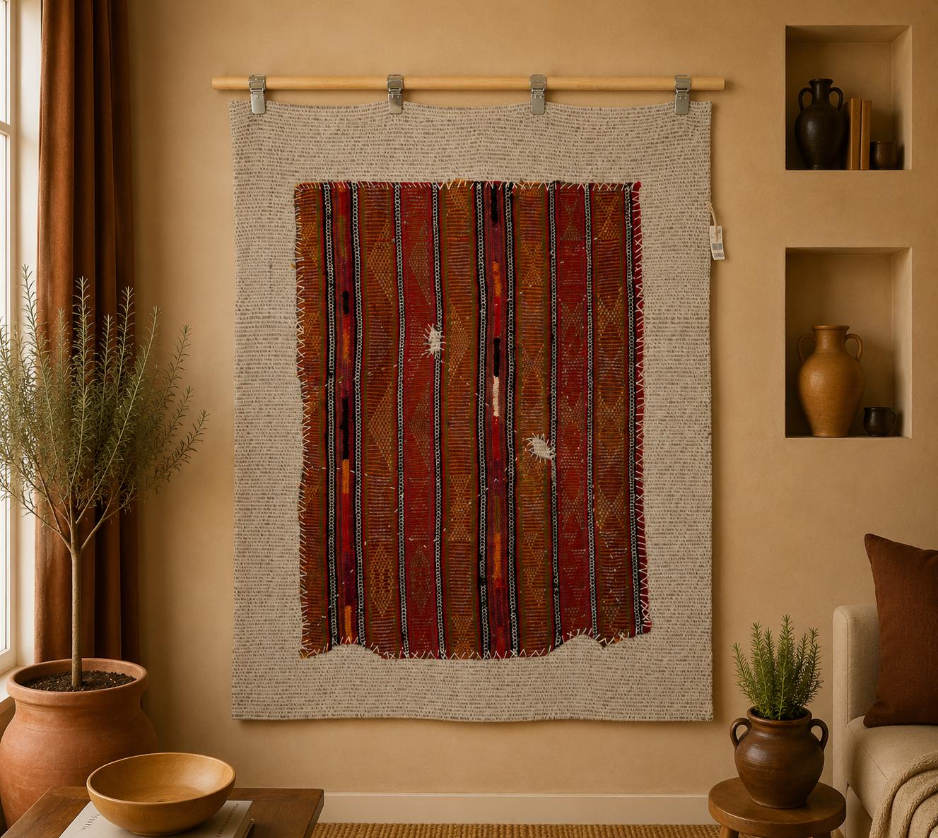 3x4 Vintage Turkish Red Striped Tapestry Rug, Handwoven Wool Wall Hanging, Rustic Textile Art
