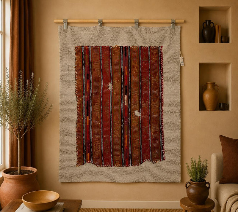 Vintage Turkish Tapestry Rug, Red Orange Striped Wall Hanging (3'6" x 4'1") - photo 1 of 10