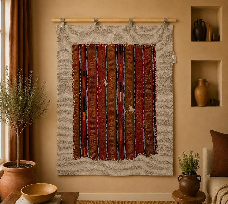 3x4 Vintage Turkish Red Striped Tapestry Rug, Handwoven Wool Wall Hanging, Rustic Textile Art