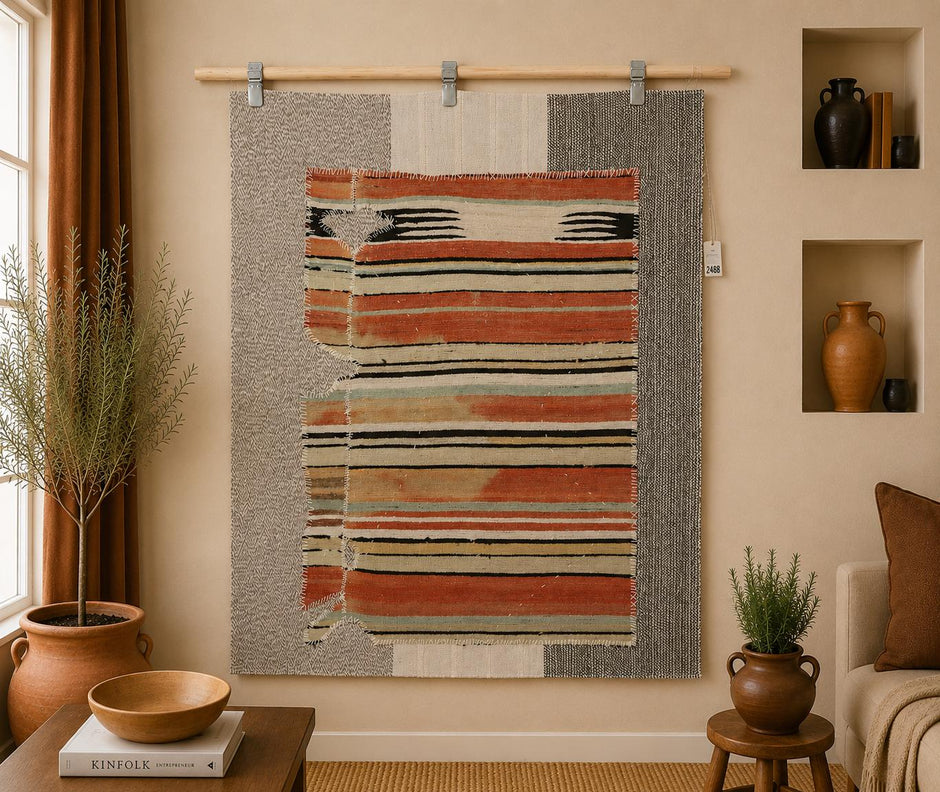 3x4 Vintage Turkish Striped Tapestry Rug, Handwoven Wool Wall Hanging, Multicolor Textile Art Decor