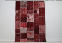 5x6 Vintage Turkish Tapestry Rug, Handmade Patchwork Wall Hanging, Red Wool Cotton Textile Wall Art, Boho Home Decor