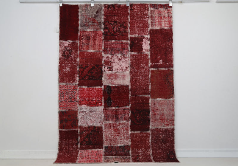 5x6 Vintage Turkish Tapestry Rug, Handmade Patchwork Wall Hanging, Red Wool Cotton Textile Wall Art, Boho Home Decor