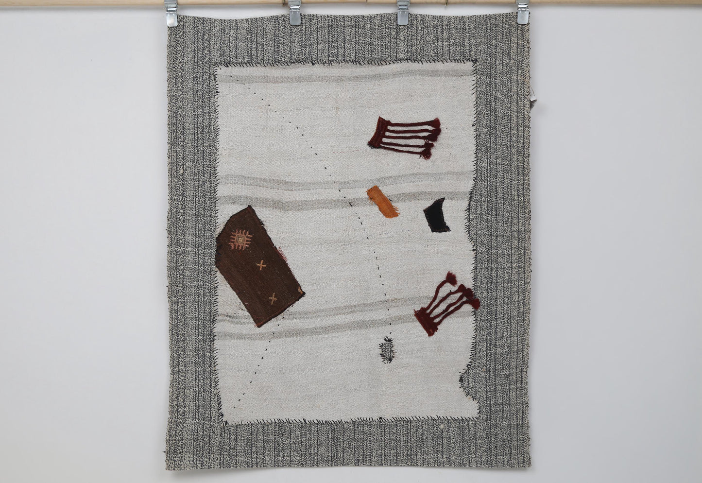 3x4 Vintage Turkish Minimalist Tapestry Rug, Handwoven Wool Hemp Wall Hanging, White Textile Fiber Art