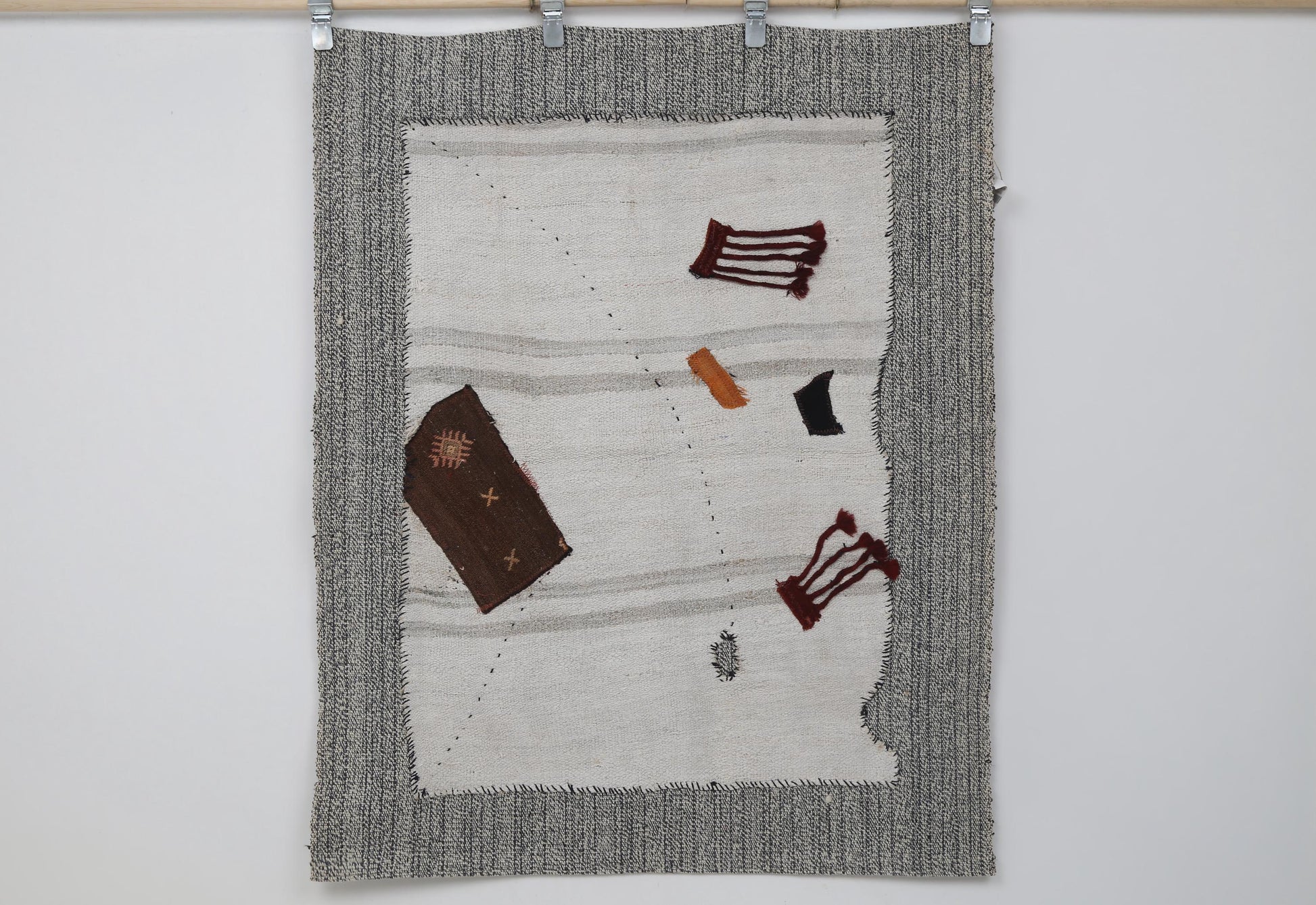 3x4 Vintage Turkish Minimalist Tapestry Rug, Handwoven Wool Hemp Wall Hanging, White Textile Fiber Art