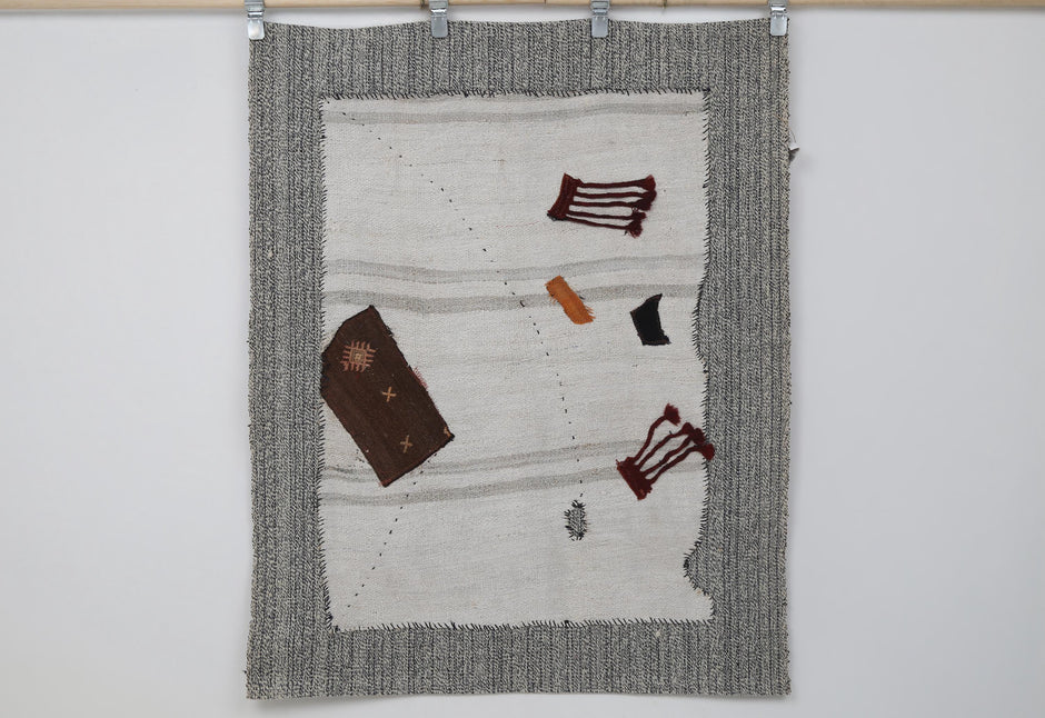 3x4 Vintage Turkish Minimalist Tapestry Rug, Handwoven Wool Hemp Wall Hanging, White Textile Fiber Art