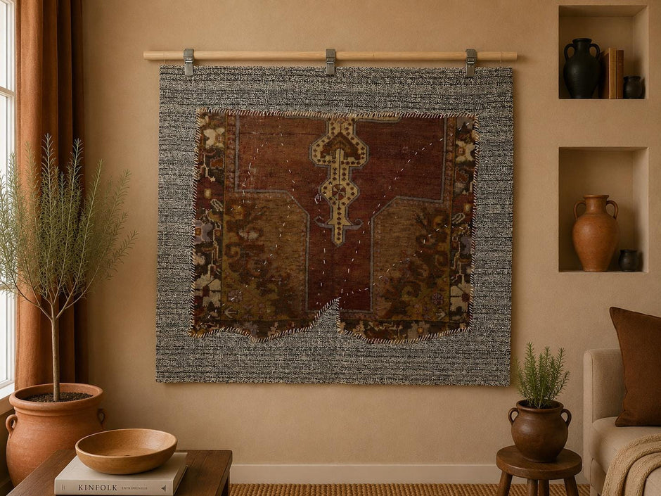 3x4 Vintage Turkish Medallion Tapestry Rug, Handwoven Wall Hanging, Brown Red Textile Art Decor