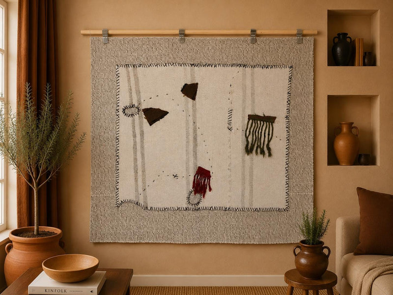 Vintage Turkish Tapestry Rug, White Abstract Wall Hanging (3'5" x 4'3") - photo 1 of 10