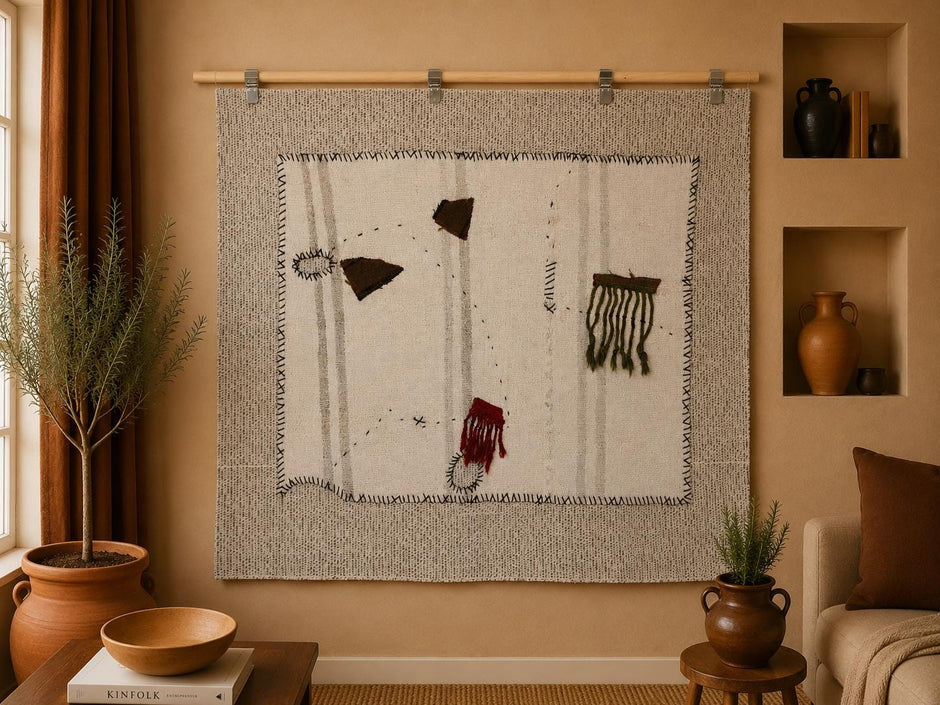3x4 Handmade Hemp Tapestry Rug, Minimalist White Turkish Wall Hanging, Organic Fiber Textile Art