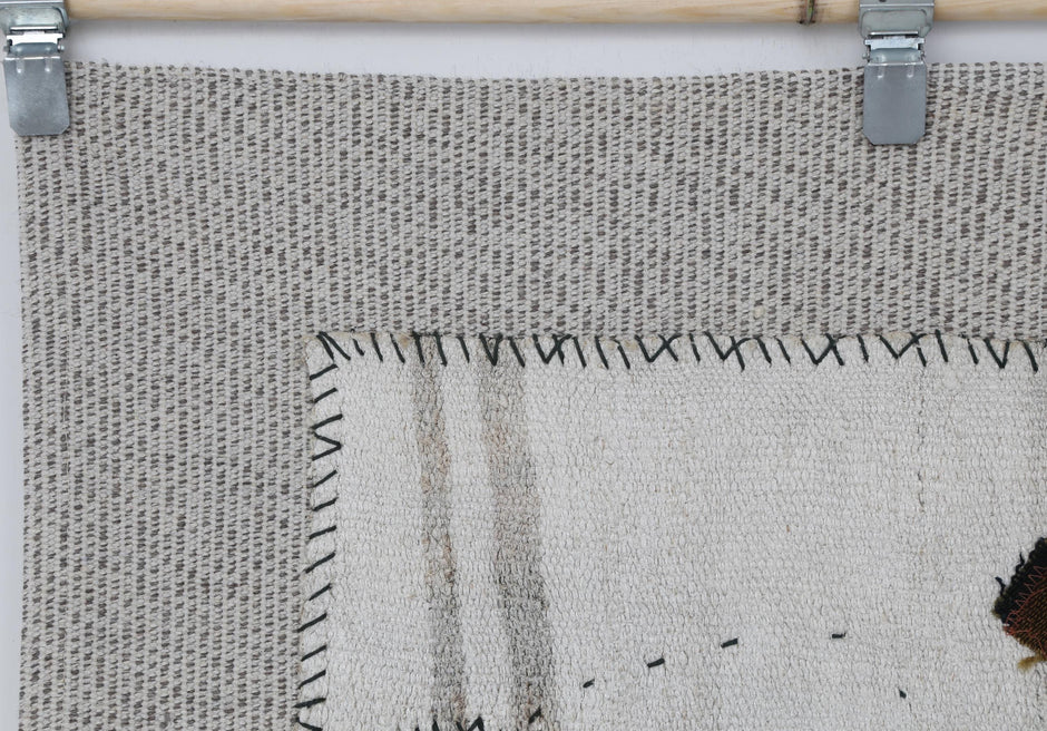 3x4 Handmade Hemp Tapestry Rug, Minimalist White Turkish Wall Hanging, Organic Fiber Textile Art