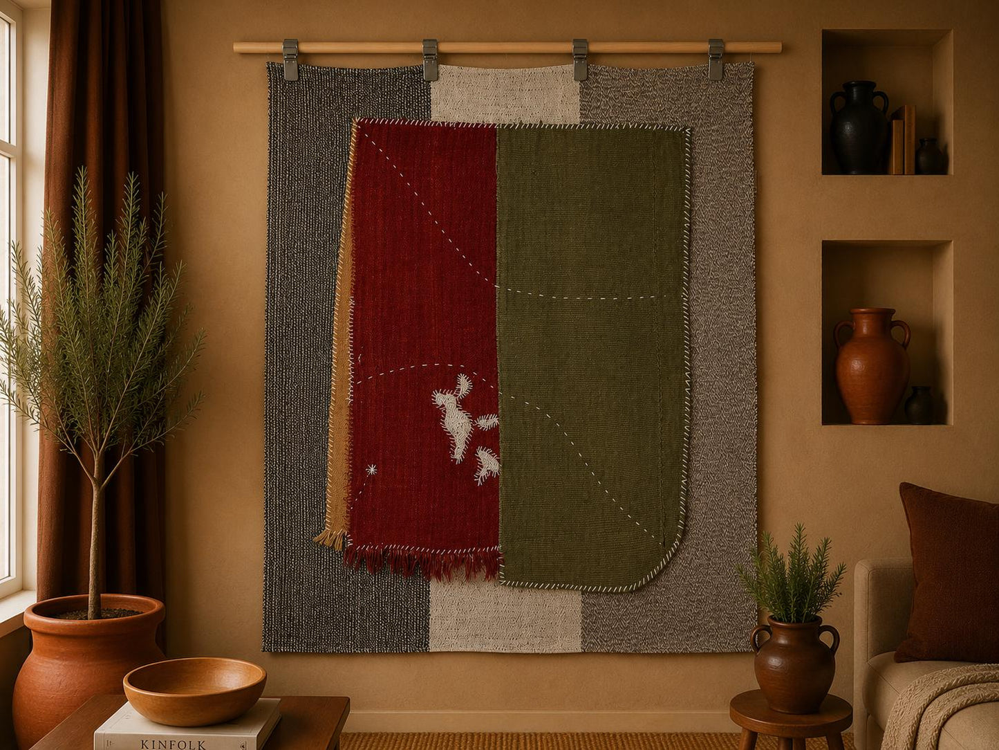 3x4 Handmade Wool Tapestry Rug, Abstract Color Block Wall Hanging, Modern Textile Fiber Art