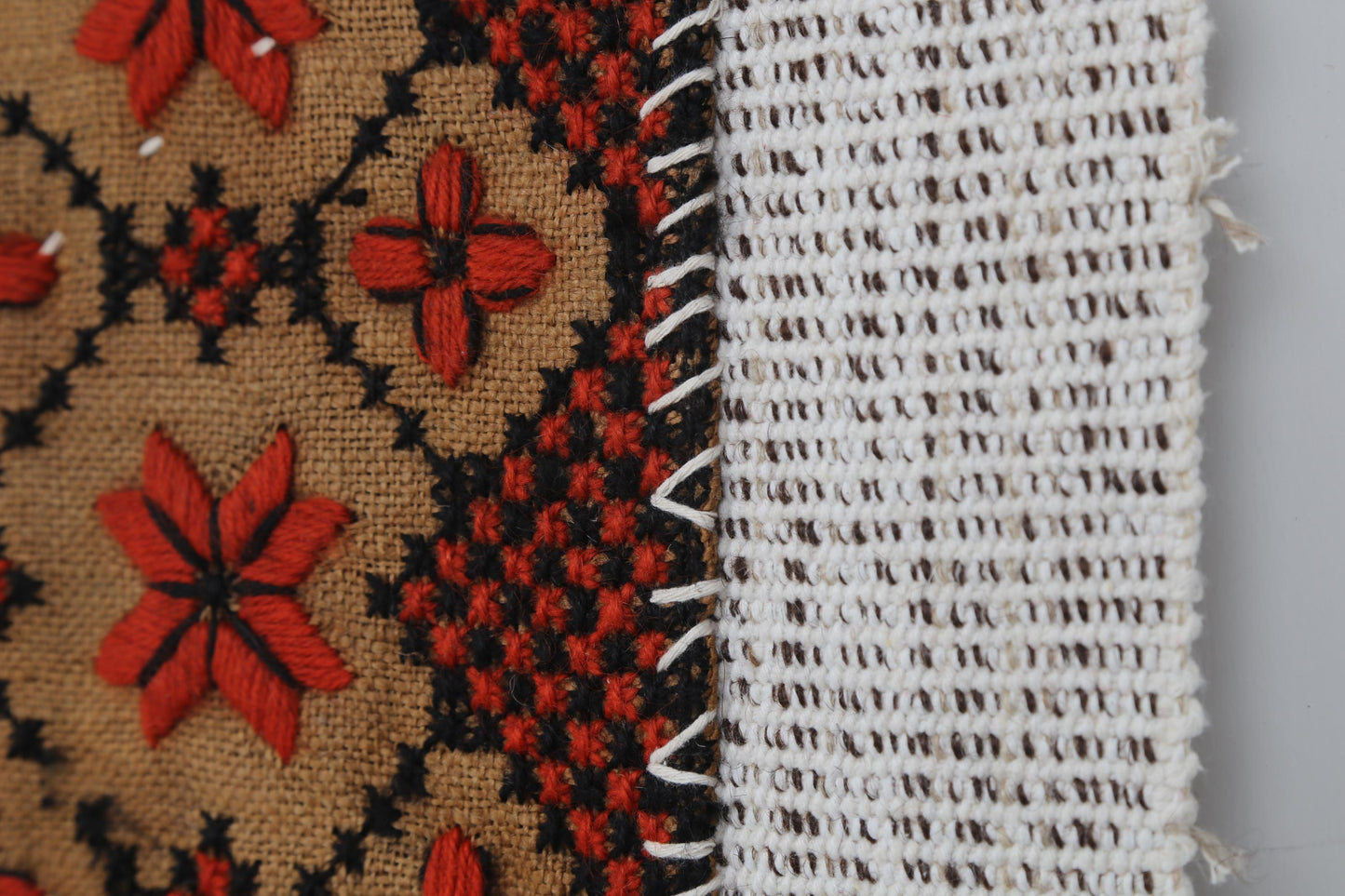 3x3 Handmade Wool Tapestry Rug, Geometric Textile Wall Hanging, Red Black Fiber Art Decor