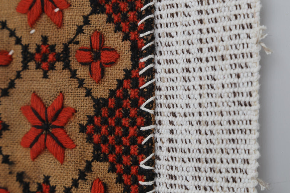 3x3 Handmade Wool Tapestry Rug, Geometric Textile Wall Hanging, Red Black Fiber Art Decor