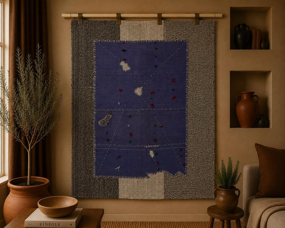 3x4 Handmade Wool Tapestry Rug, Blue Abstract Textile Wall Hanging, Modern Fiber Art Decor