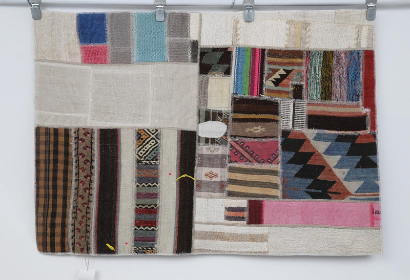 Vintage Turkish Tapestry Rug, Cream Multicolor Patchwork Wall Hanging (2'11" x 4'2")