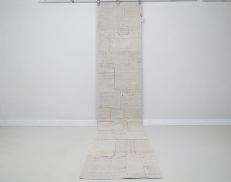2x11 Vintage Turkish Hemp Patchwork Runner Rug, Handmade Ivory Neutral Hallway Runner, Long Minimalist Kitchen Rug