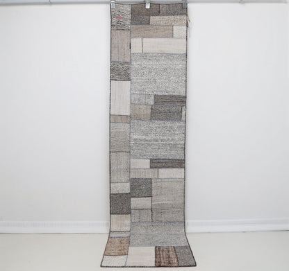 2x8 Vintage Turkish Flatweave Patchwork Runner Rug, Handmade Neutral Wool Hallway Rug, White Black Long Runner