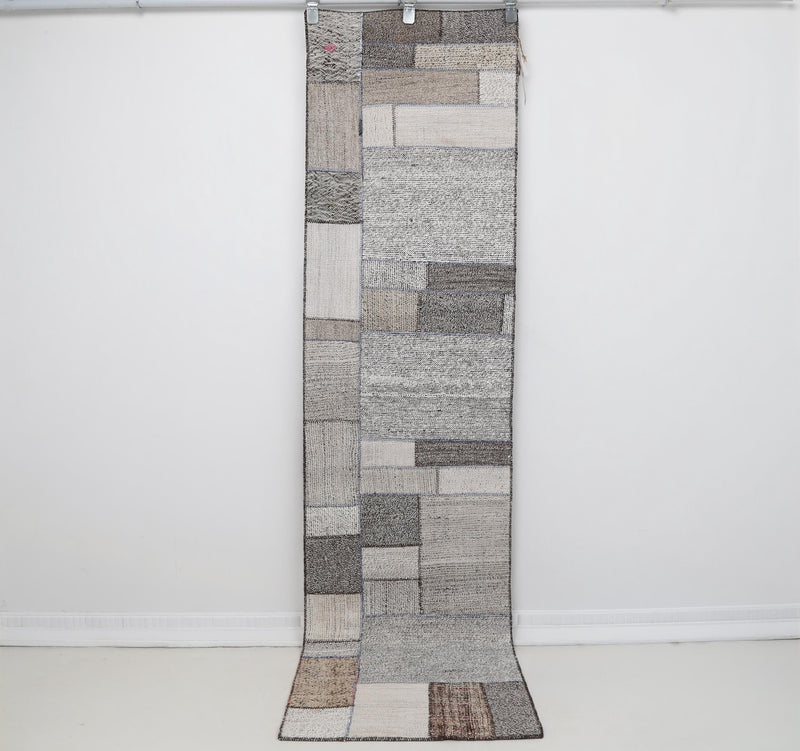 2x8 Vintage Turkish Flatweave Patchwork Runner Rug, Handmade Neutral Wool Hallway Rug, White Black Long Runner