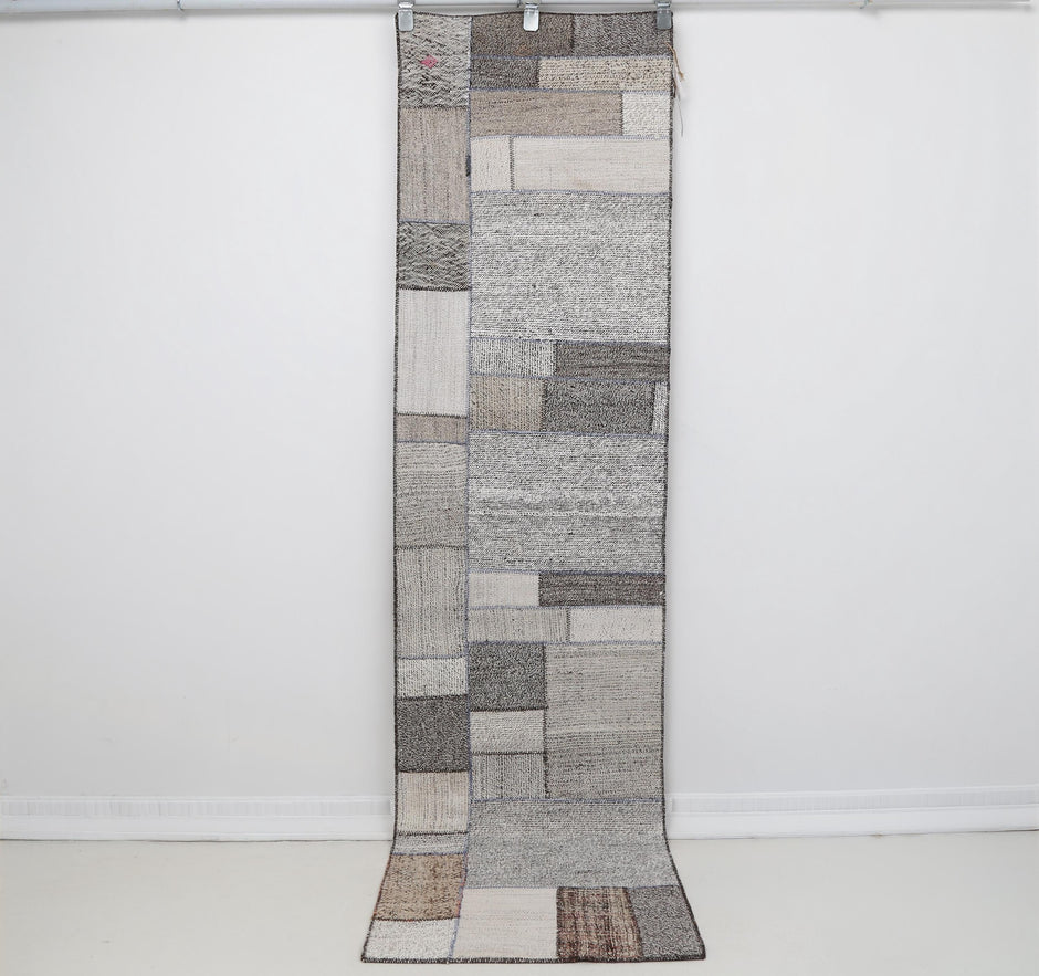 2x8 Vintage Turkish Flatweave Patchwork Runner Rug, Handmade Neutral Wool Hallway Rug, White Black Long Runner