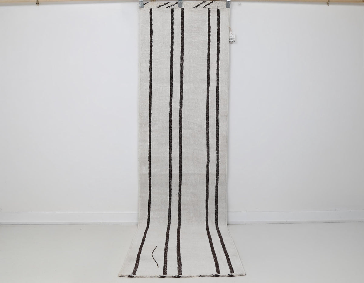 Vintage Turkish Wool Hemp Runner Rug, Black White Striped Minimalist (2x9) - photo 1 of 10