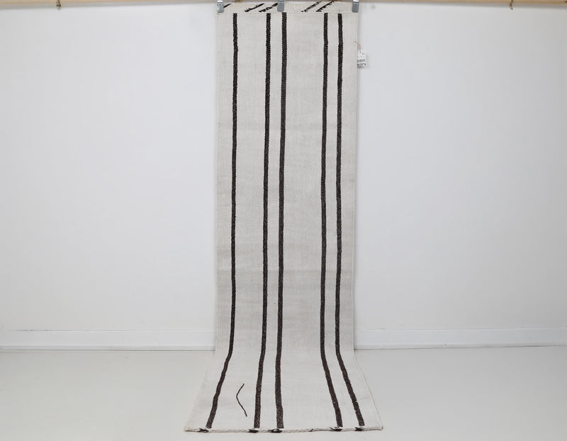 2x9 Vintage Turkish Hemp Runner Rug, Handmade White Black Striped Hallway Runner, Minimalist Wool Hemp Rug