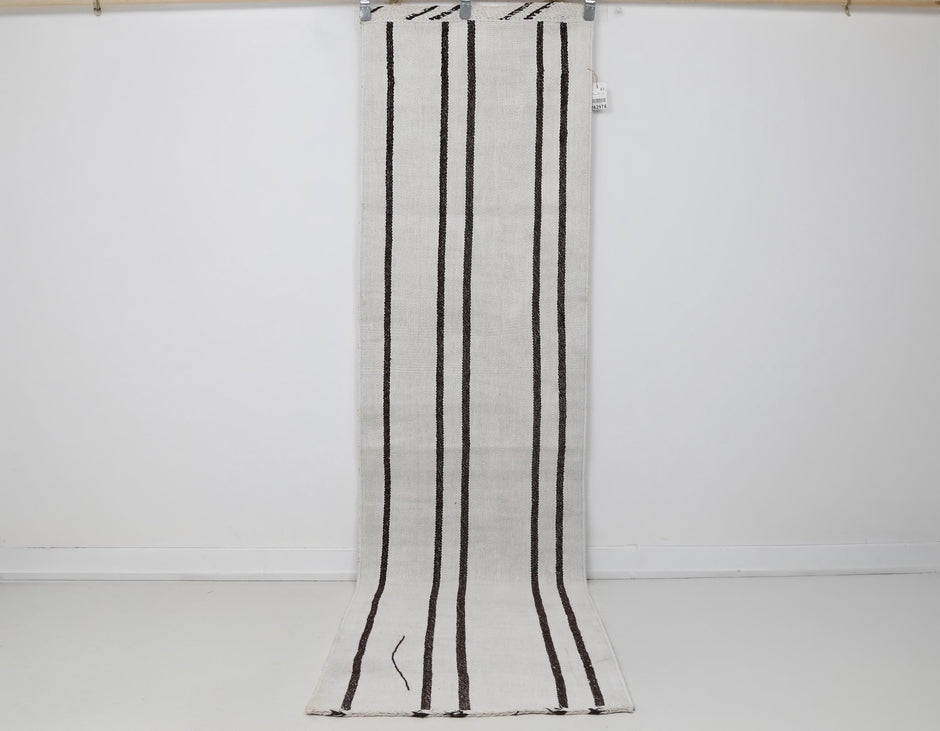 2x9 Vintage Turkish Hemp Runner Rug, Handmade White Black Striped Hallway Runner, Minimalist Wool Hemp Rug