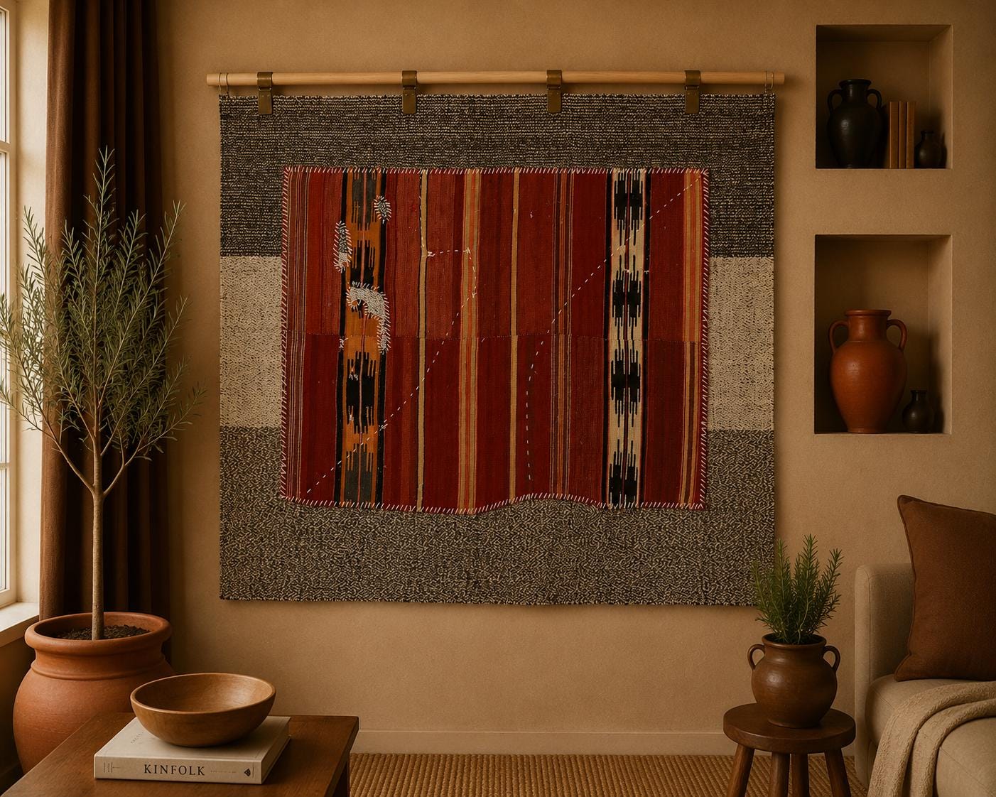 3x4 Handmade Wool Tapestry Rug, Striped Textile Wall Hanging, Modern Fiber Art Decor