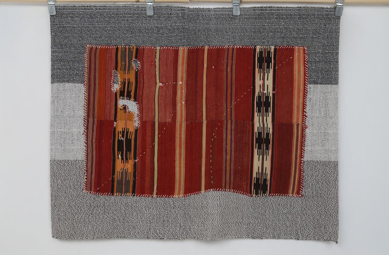 Vintage Turkish Tapestry Rug, Red Rust Striped Motif (3'7" x 4'5")