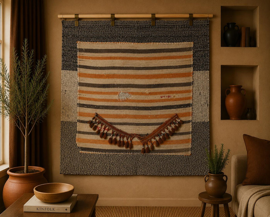 3x4 Handmade Wool Tapestry Rug, Striped Textile Wall Hanging, Minimalist Fiber Art Decor