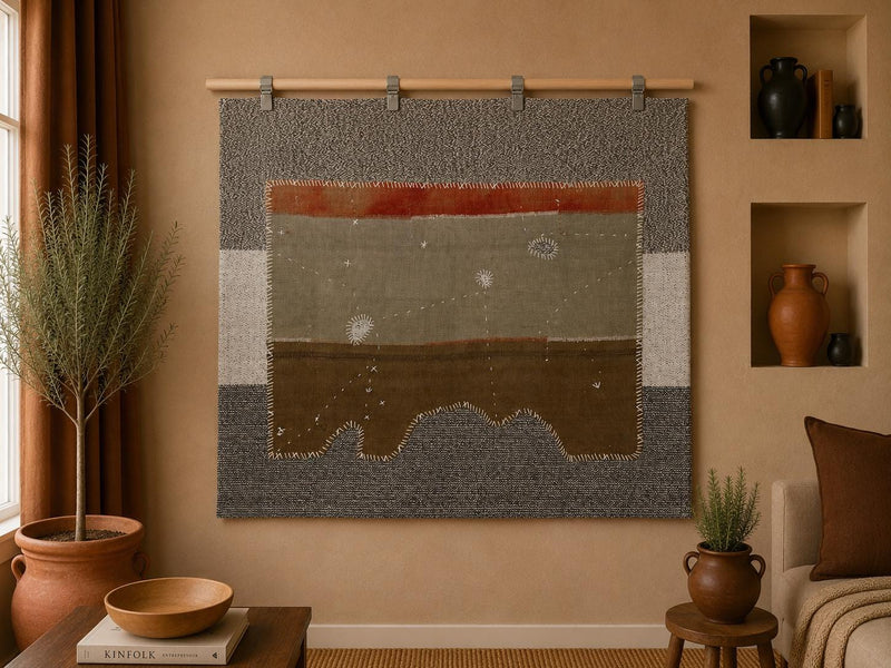 Vintage Turkish Tapestry Rug, Olive Brown Color Block Wall Hanging (3'6" x 4'4") - photo 1 of 8