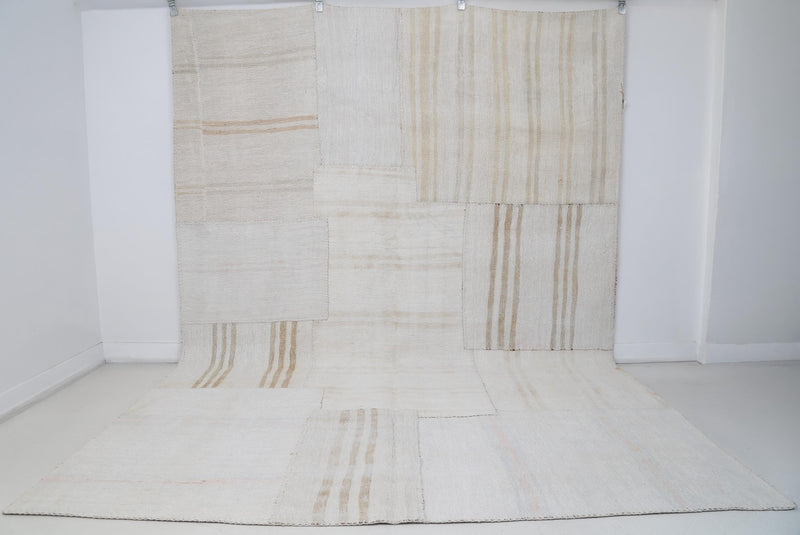 7x10 Vintage Turkish Hemp Patchwork Rug, Handmade Neutral Beige Area Rug, Minimalist Large Hemp Rug