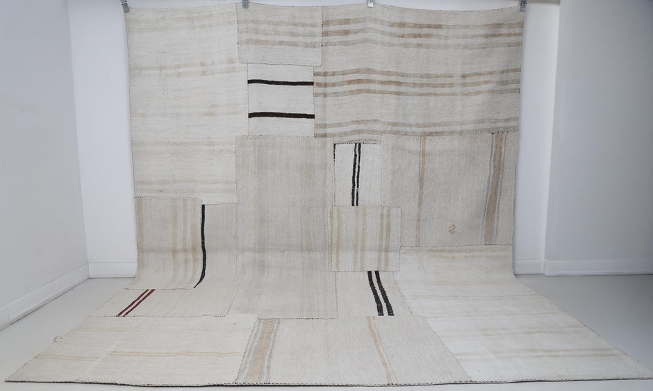 8x10 Vintage Turkish Hemp Patchwork Rug, Handmade Neutral White Beige Area Rug, Large Minimalist Hemp Carpet