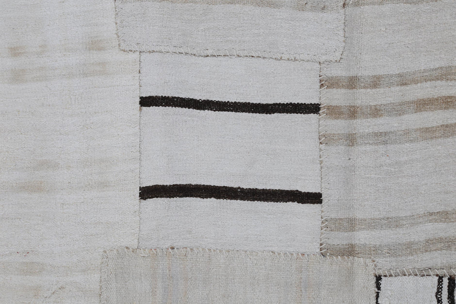 8x10 Vintage Turkish Hemp Patchwork Rug, Handmade Neutral White Beige Area Rug, Large Minimalist Hemp Carpet