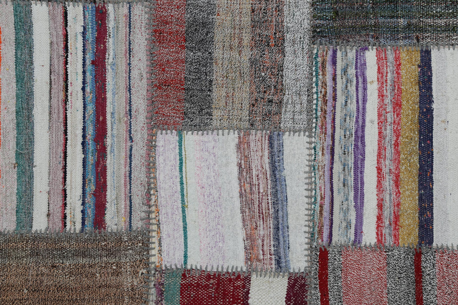 7x10 Vintage Turkish Flatweave Patchwork Rug, Handmade Multicolor Kilim Area Rug, Large Bohemian Wool Cotton Carpet