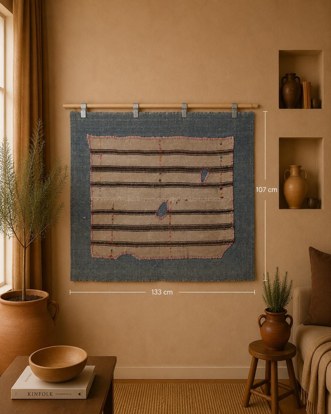 3x4 Handmade Wool Tapestry Rug, Striped Textile Wall Hanging, Rustic Fiber Art Decor