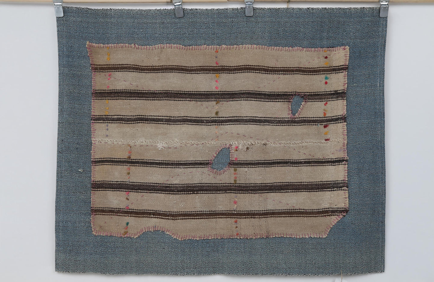 3x4 Handmade Wool Tapestry Rug, Striped Textile Wall Hanging, Rustic Fiber Art Decor