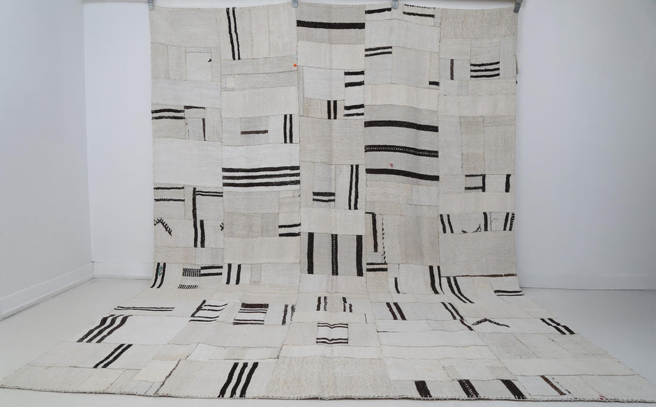 7x10 Vintage Turkish Hemp Patchwork Rug, Handmade White Black Area Rug, Large Minimalist Hemp Carpet