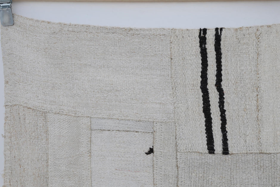 7x10 Vintage Turkish Hemp Patchwork Rug, Handmade White Black Area Rug, Large Minimalist Hemp Carpet