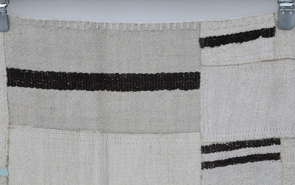 7x10 Vintage Turkish Hemp Patchwork Rug, Handmade White Black Area Rug, Large Minimalist Hemp Carpet