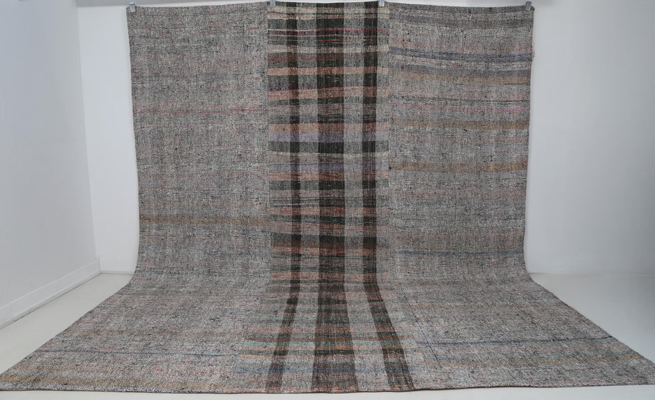 8x10 Vintage Turkish Flatweave Rug, Handmade Multicolor Wool Cotton Area Rug, Large Minimalist Kilim Carpet