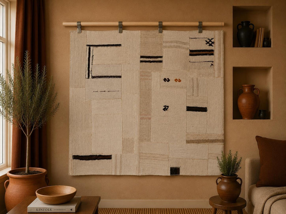 3x5 Hemp Patchwork Tapestry Rug, Handmade Turkish Textile Wall Hanging, One of a Kind Fiber Art