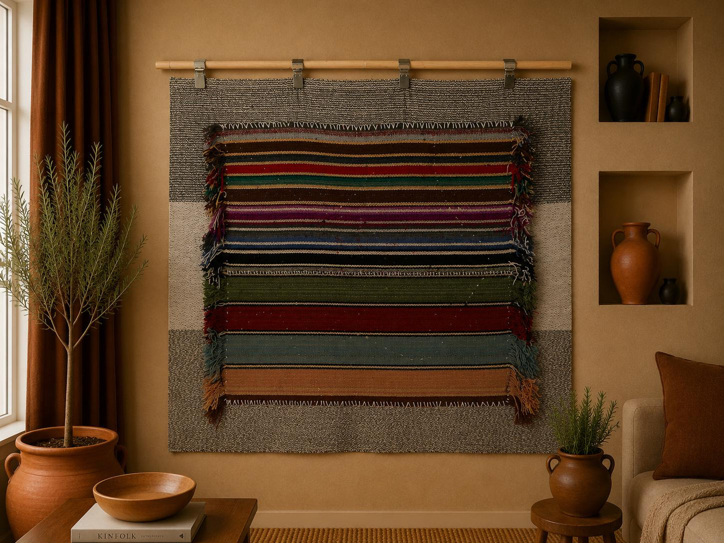 3x5 Handmade Striped Turkish Tapestry Rug, Vintage Textile Wall Hanging, Woven Fiber Art