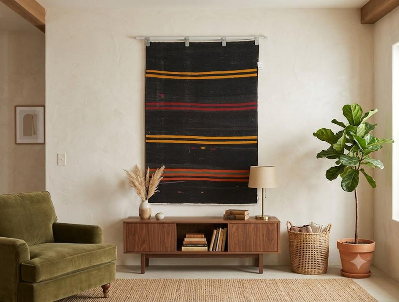 3x4Vintage  Turkish Tapestry Rug, Handmade Wool Wall Hanging, Minimalist Textile Wall Art, Striped Boho Decor, Tapestry