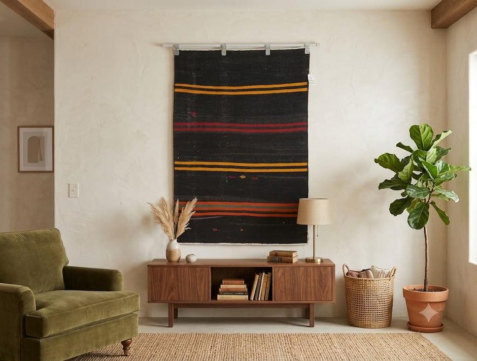 3x4Vintage  Turkish Tapestry Rug, Handmade Wool Wall Hanging, Minimalist Textile Wall Art, Striped Boho Decor, Tapestry
