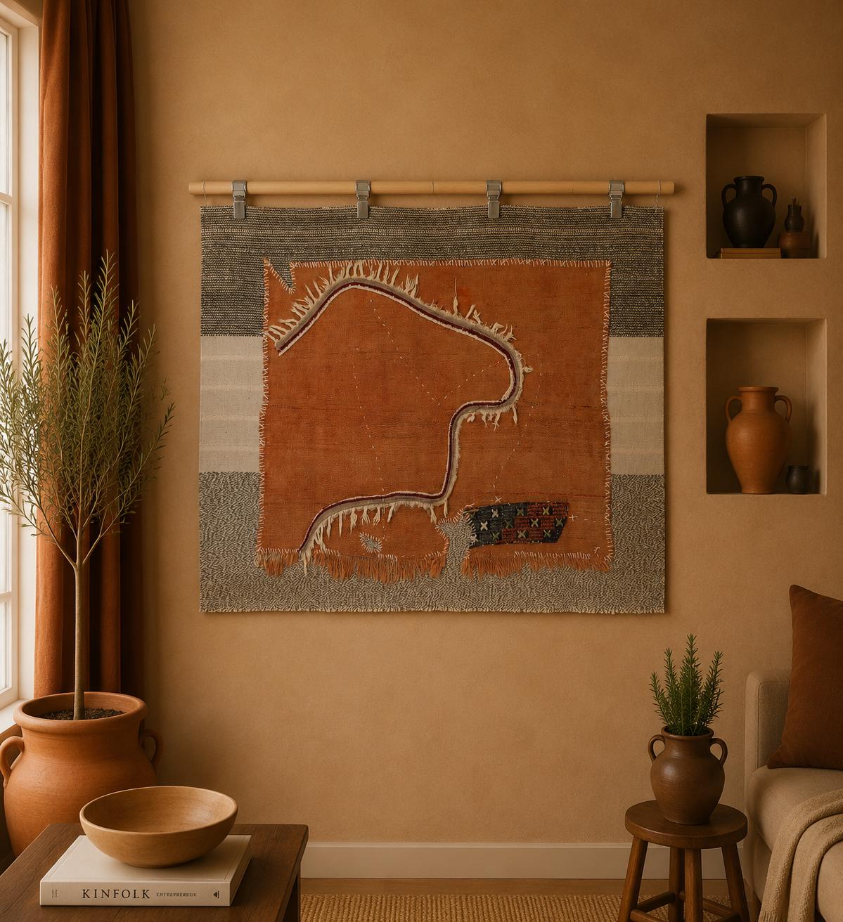 3x4 Handmade Wool Tapestry Rug, Orange Abstract Textile Wall Hanging, Boho Fiber Art Decor