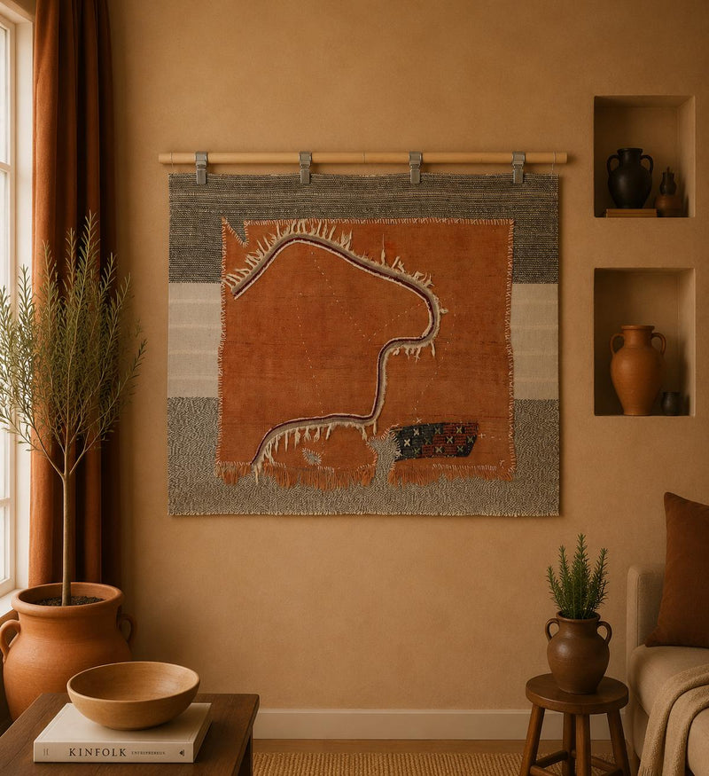 Vintage Turkish Tapestry Rug, Orange Abstract Wall Hanging (3'5" x 4'6") - photo 1 of 9