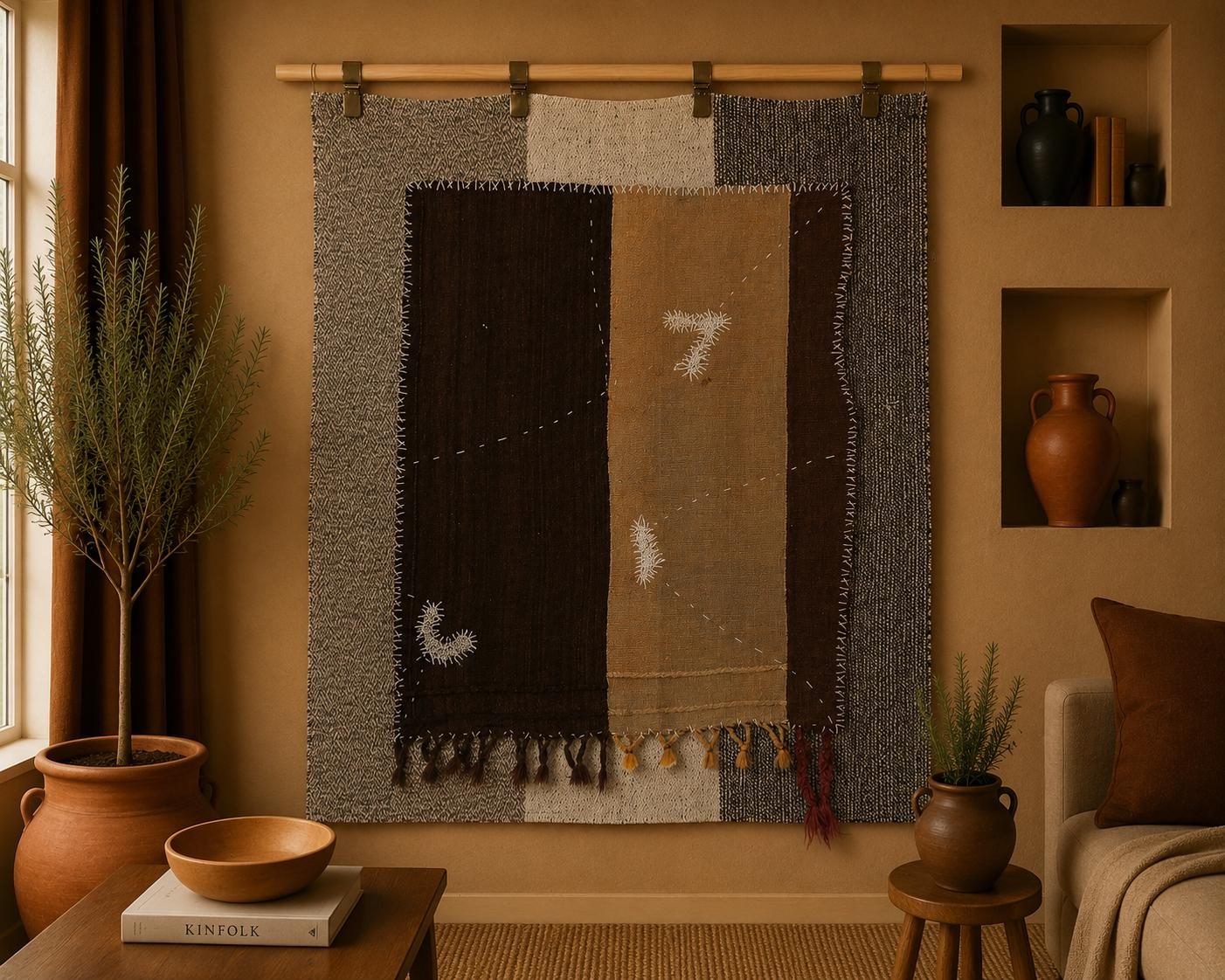 3x4 Handmade Wool Tapestry Rug, Neutral Brown Color Block Wall Hanging, Modern Textile Art