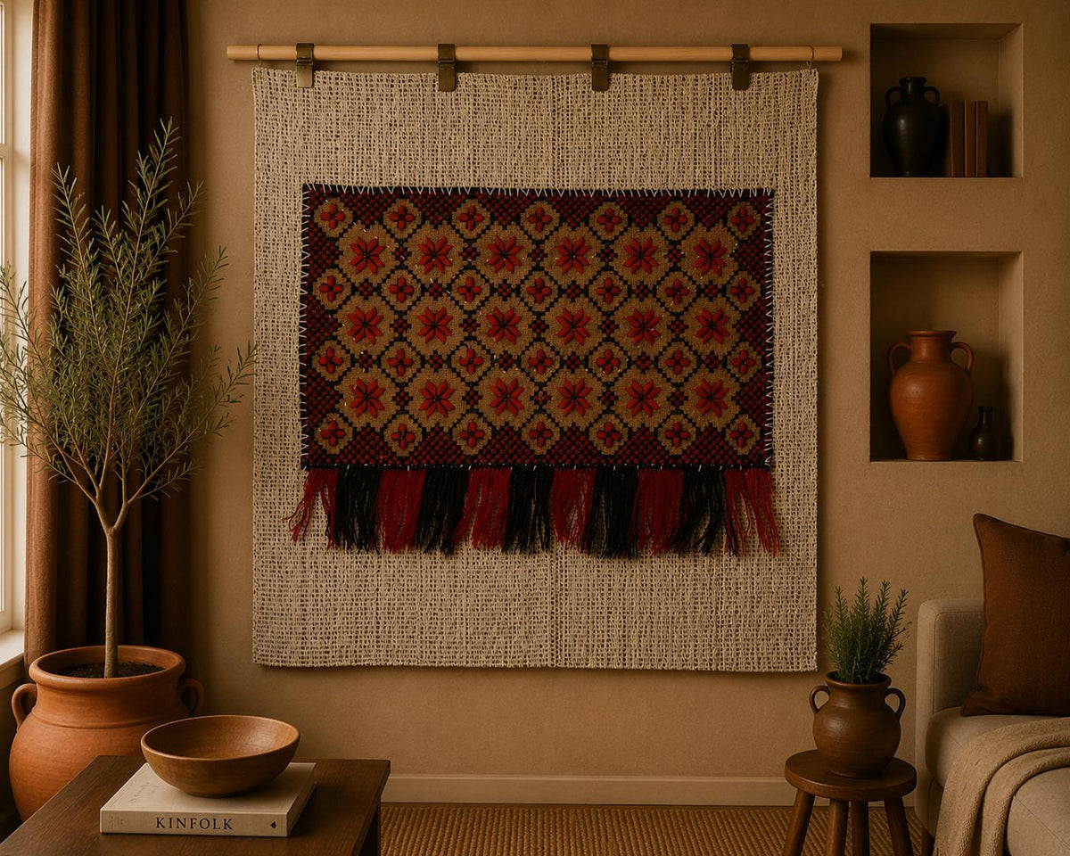 Vintage Turkish Tapestry Rug, Red Black Geometric Wall Hanging (3'2" x 3'5") - photo 1 of 9
