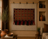 Vintage Turkish Tapestry Rug, Red Black Geometric Wall Hanging (3'2" x 3'5") - photo 1 of 9