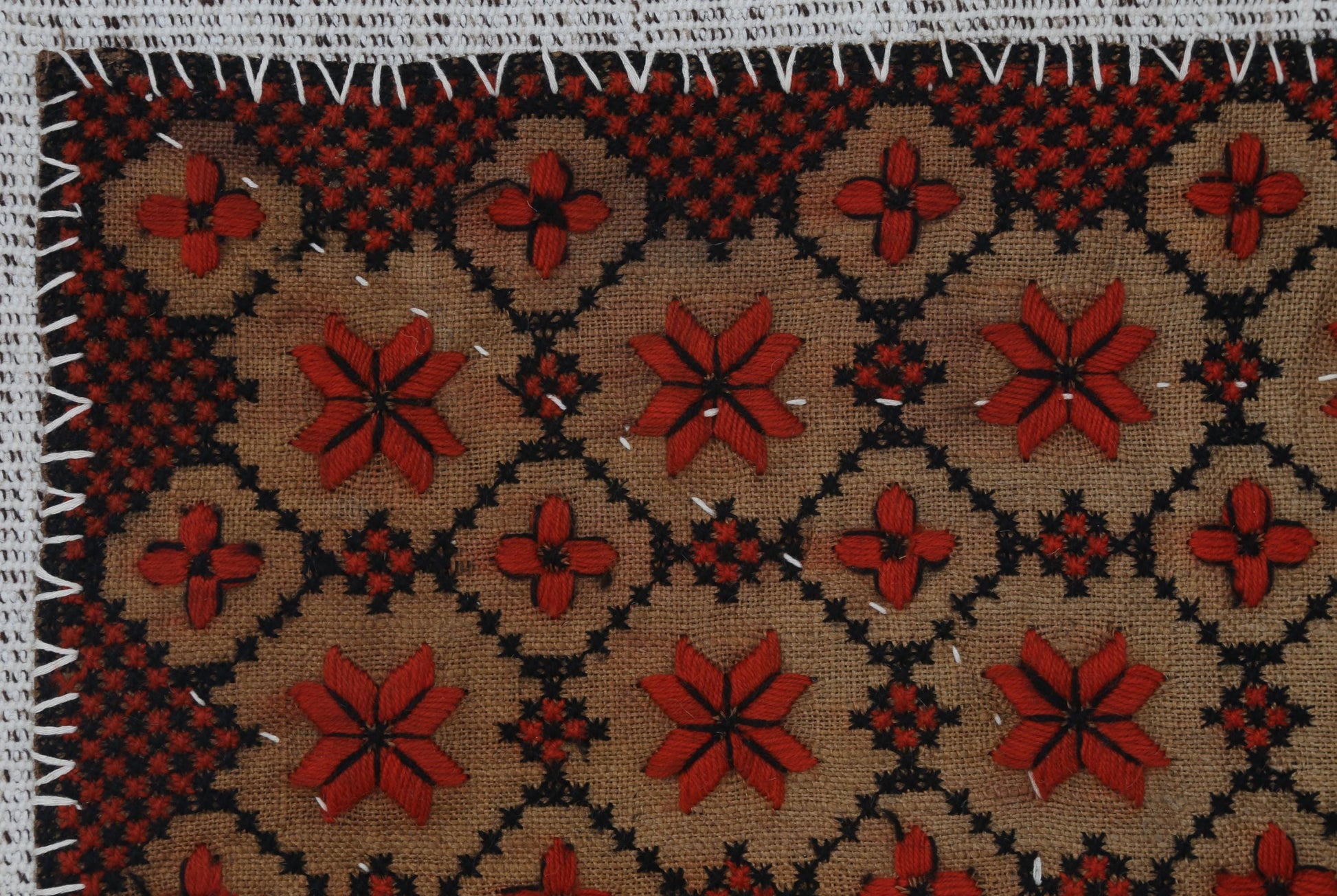 3x3 Handmade Wool Tapestry Rug, Geometric Textile Wall Hanging, Red Black Fiber Art Decor